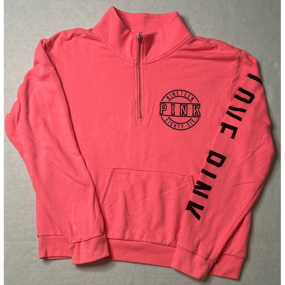 PINK Victoria's Secret Love Pink 1/4 Zip Sweatshirt Neon Logo Sleeve Large